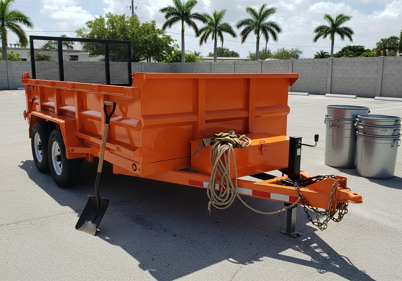 Orange dump trailer parked on job site with tools and equipment visible.