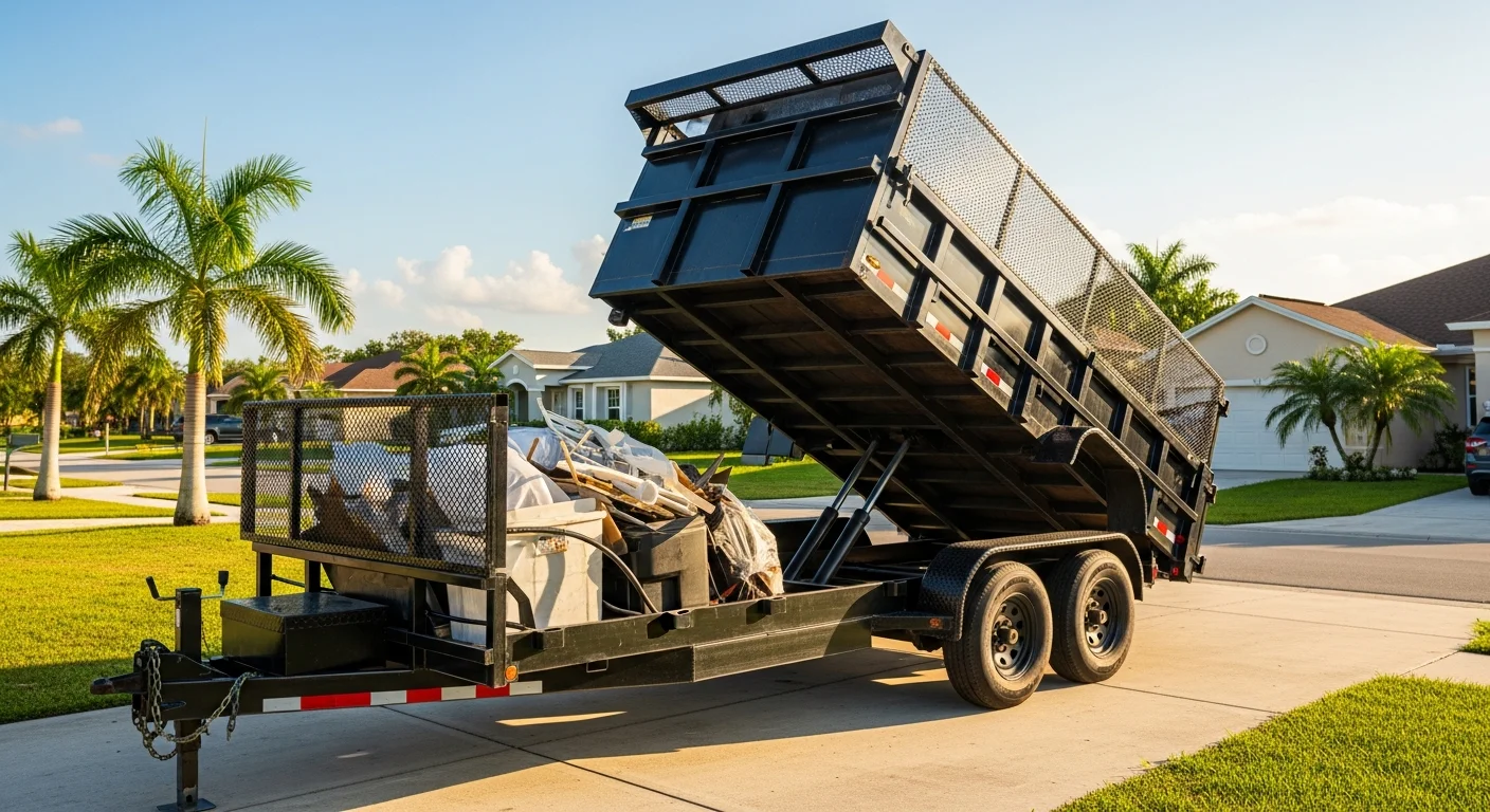 Orange dump trailer parked at residential property ready for debris loading
