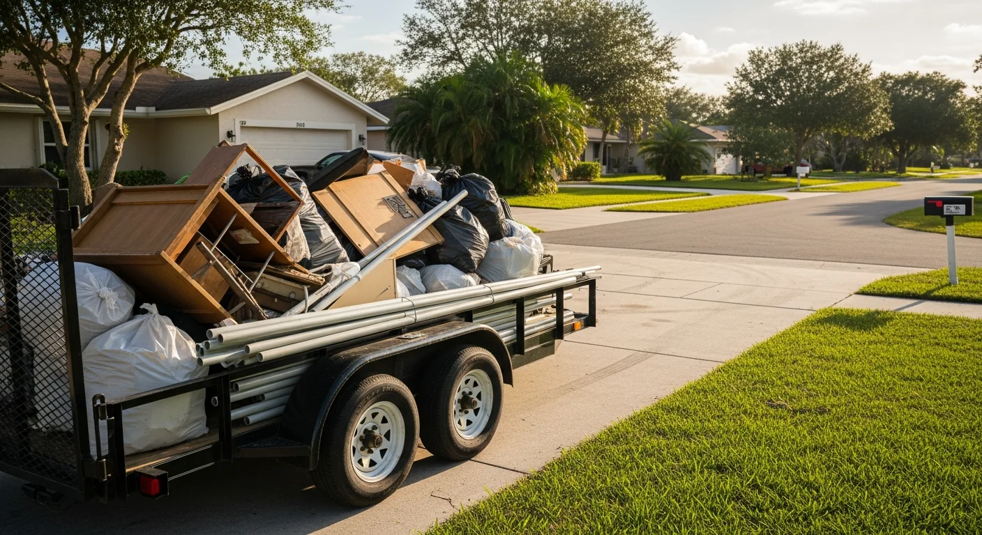 Junk removal truck loading debris at residential property