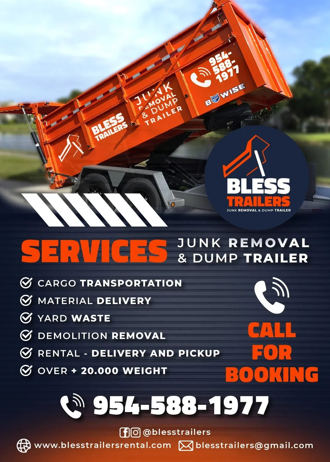 Orange hydraulic dump trailer with dual axles tilted, steel construction, 20,000+ lb capacity