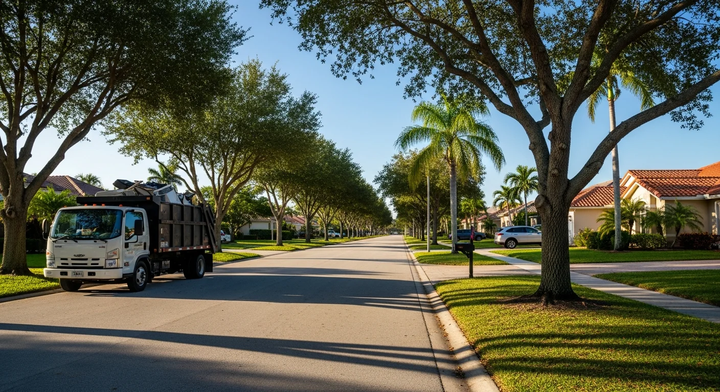 Boynton Beach residential street with palm trees and well-maintained homes under clear sky.