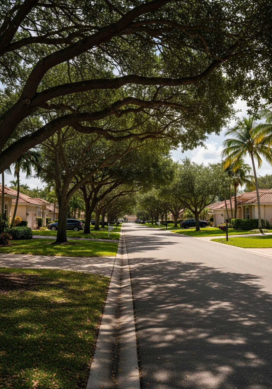Plantation community park with landscaping and residential properties in background.