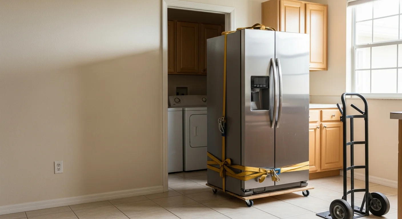 A worn washing machine and dryer being loaded onto a hauling trailer outside a single-family home in Boynton Beach, Florida. The driveway is clear and the appliances are staged for removal by a junk hauling crew.