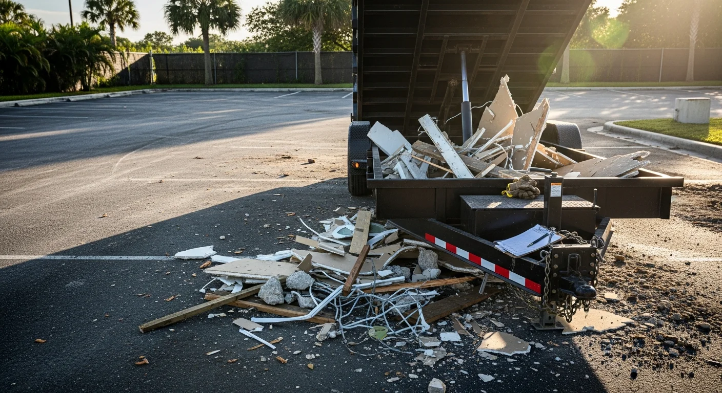 A loaded dump trailer staged at a commercial job site in Boynton Beach, Florida, filled with construction debris including wood scraps, drywall, and concrete rubble. The surrounding site is clear and ready for the next phase of work.