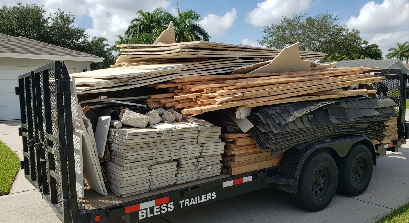 A loaded trailer parked in a Boynton Beach residential driveway filled with drywall, tile, and lumber from a home renovation. Construction debris is stacked and ready for hauling by Bless Trailers LLC.