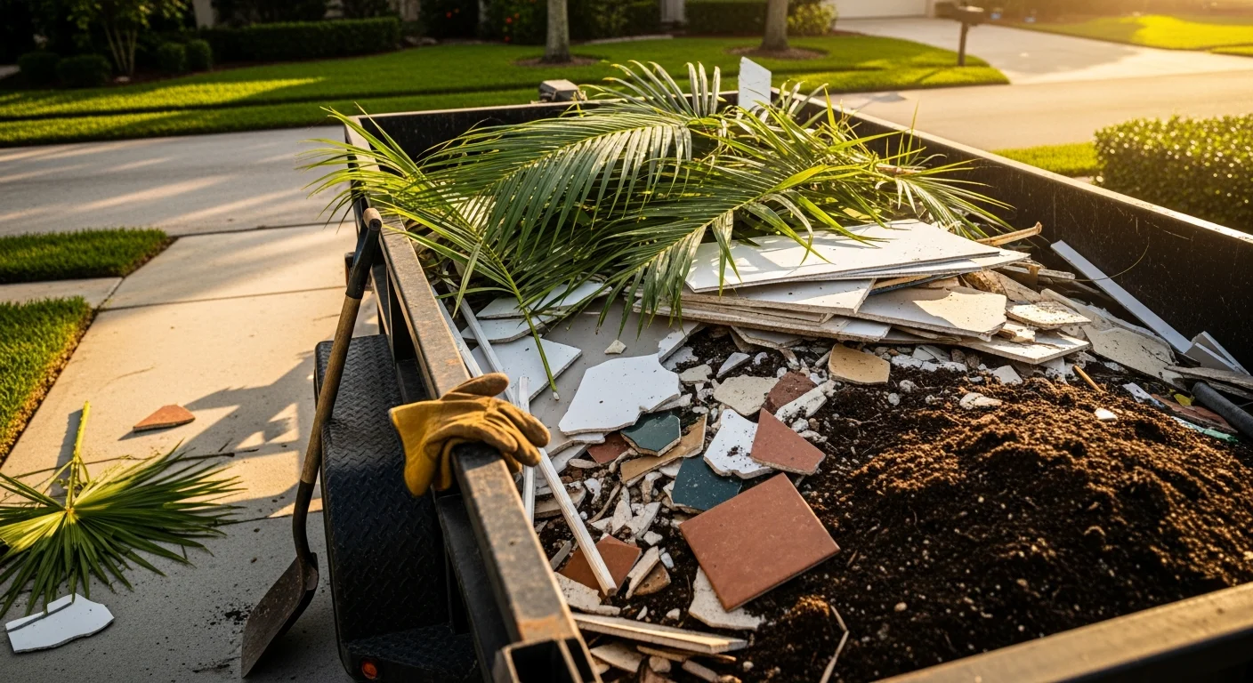 A dump trailer parked in a residential driveway in Boynton Beach, Florida, loaded with yard debris and construction scraps. Palm trees and a single-family home are visible in the background.