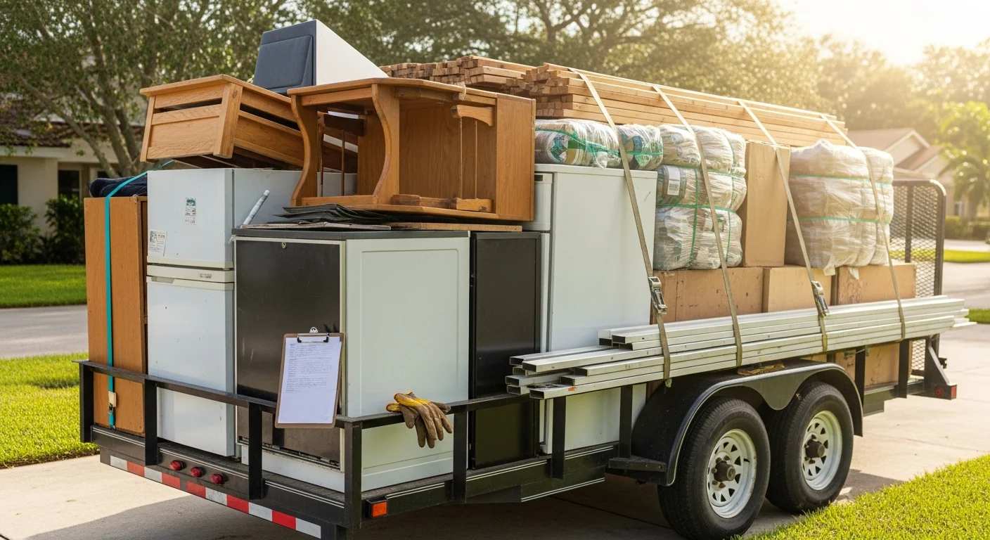 A loaded trailer parked in the driveway of a Boynton Beach home with removed furniture, appliances, and household debris staged for hauling. Bless Trailers LLC crew completing a full garbage removal job at a residential property in Boynton Beach, Florida.