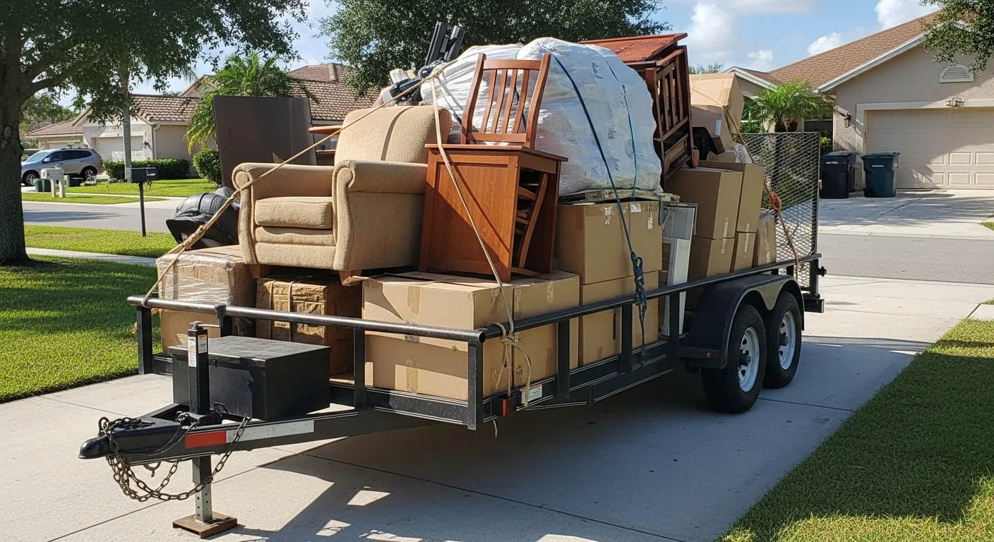 A Bless Trailers LLC crew loading bulky furniture and household junk onto a trailer in the driveway of a Boynton Beach residential property. The cleared garage interior is visible in the background.