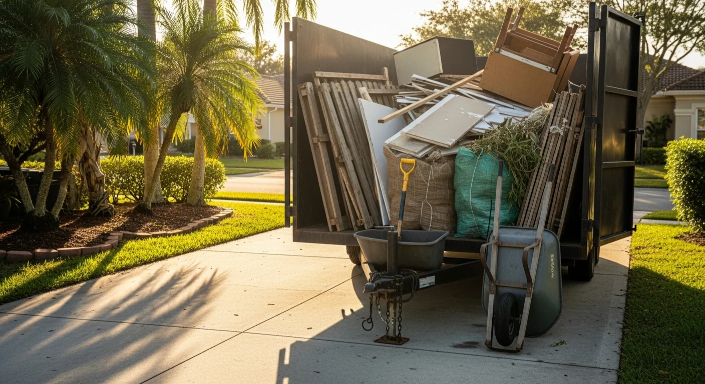 A dump trailer parked in a Boynton Beach residential driveway loaded with yard debris, old fencing, and household cleanout materials. The surrounding lawn is clear and ready after a full debris haul.