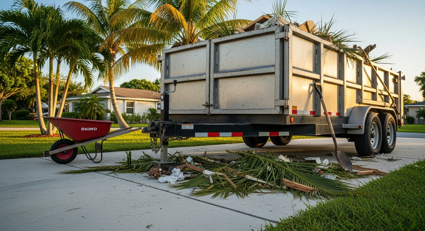 A dump trailer parked in a residential driveway in Boynton Beach, Florida, loaded with yard debris and renovation waste. The trailer sits on a concrete driveway beside a single-family home with a cleared yard in the background.