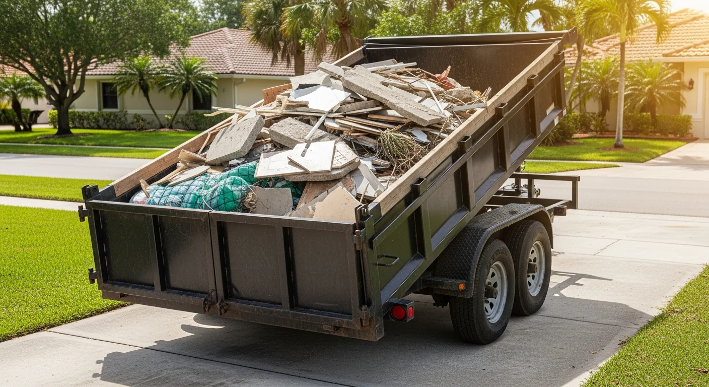 A loaded dump trailer parked on a residential driveway in Boynton Beach, Florida, filled with yard debris and renovation waste ready for pickup. The trailer sits on a concrete driveway beside a single-family home with Florida landscaping visible in the background.