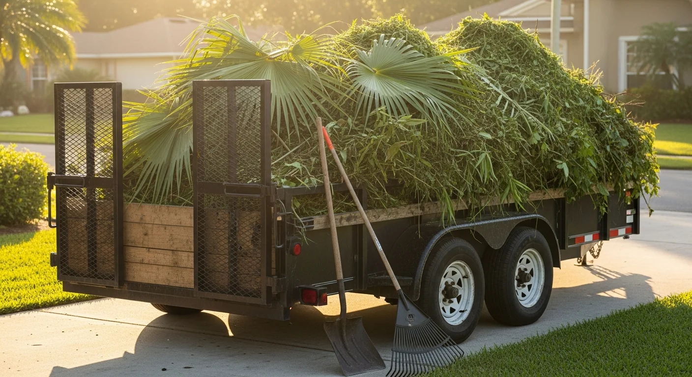 A cleared Boynton Beach backyard with a loaded trailer parked on the driveway, filled with palm fronds, tree branches, and grass clippings after a yard waste removal job. The lawn is visible and free of debris piles.